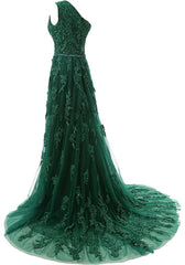 Party Dresses Shop, Forest Green Lace Appliques Tulle Floor Length Prom Dress, Featuring One Shoulder Bodice With Bow Accent Belt