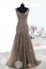 Bridesmaid Dress Style Long, Mermaid Lace Up Brown Tulle Modest Beading V Neck Prom Dresses