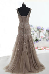 Bridesmaids Dress Beach, Mermaid Lace Up Brown Tulle Modest Beading V Neck Prom Dresses