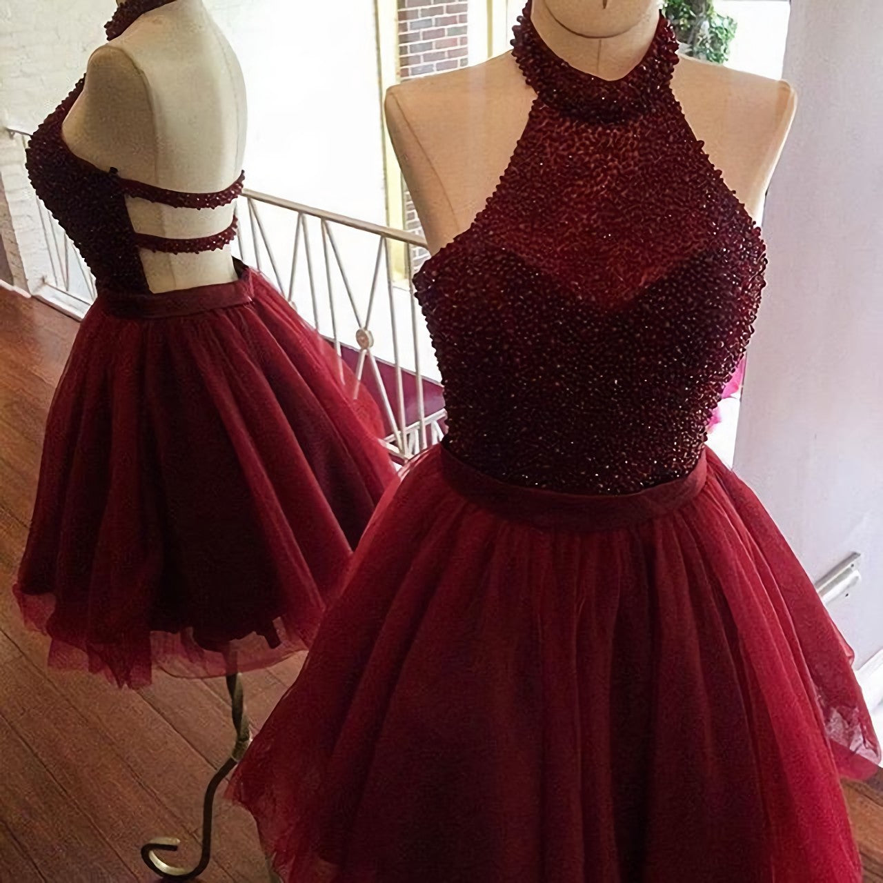 Party Dress Pattern, burgundy short halter sparkly semi beaded Homecoming Dresses