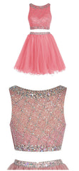 Party Dress Modest, Bateau Neck Illusion Pink Short Crystal Beaded Two Piece Sequined Crop Top Tulle Mini Prom Dresses