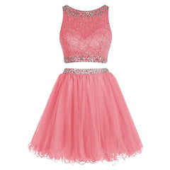 Party Dress Couple, Bateau Neck Illusion Pink Short Crystal Beaded Two Piece Sequined Crop Top Tulle Mini Prom Dresses