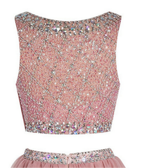 Winter Dress, Bateau Neck Illusion Pink Short Crystal Beaded Two Piece Sequined Crop Top Tulle Mini Prom Dresses