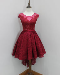 Dinner Outfit, Burgundy High Low With Illusion Neckline Elegant Lace Strapless Rhinestones Prom Dresses