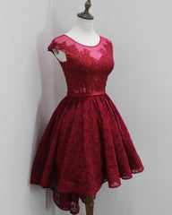 Party Dress Short Tight, Burgundy High Low With Illusion Neckline Elegant Lace Strapless Rhinestones Prom Dresses