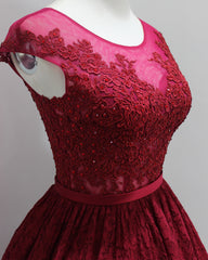 Party Dress For Babies, Burgundy High Low With Illusion Neckline Elegant Lace Strapless Rhinestones Prom Dresses