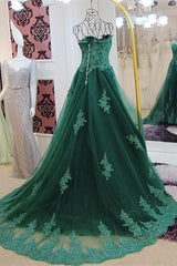 Bridesmaids Dresses Blue, Sweetheart Long Lace Green Sweep Train Lace Up Prom Dresses
