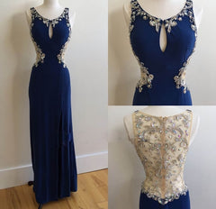Party Dress Renswoude, Long Dark Blue Chiffon Beaded Crystals Prom Dresses, See Through Back Mermaid Formal Gowns Sexy Party Evening Dresses