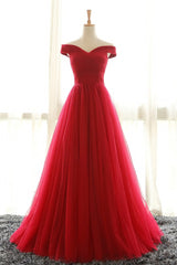 Bridesmaid Dresses Beach Weddings, Off The Shoulder Red A Line Pleated Long Red Prom Dresses