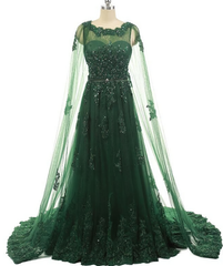 Party Dress Wedding Guest Dress, Elegant Women Beaded Lace With Long Appliques Tulle Cape Emerald Green Evening Dresses