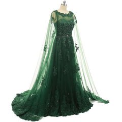 Party Dress Roman, Elegant Women Beaded Lace With Long Appliques Tulle Cape Emerald Green Evening Dresses
