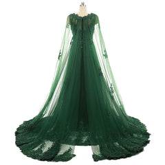 Party Dress Pink, Elegant Women Beaded Lace With Long Appliques Tulle Cape Emerald Green Evening Dresses