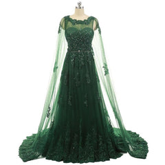 Party Dresses Short Clubwear, Elegant Women Beaded Lace With Long Appliques Tulle Cape Emerald Green Evening Dresses