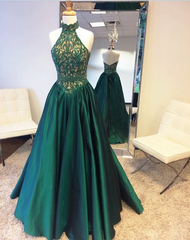 Bridesmaid Dress Vintage, Green Halter Beading Lace A Line For Teens Elegant Backless Fashion 2024 Women Prom Dresses