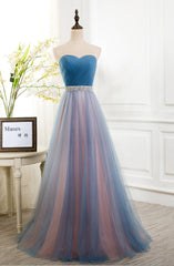 Bridesmaids Dresses Affordable, Sweetheart Blue Peach Tulle Strapless Long Pleated Sexy A Line With Beads Sashes Prom Dresses