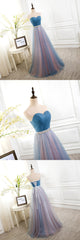 Bridesmaid Dress Affordable, Sweetheart Blue Peach Tulle Strapless Long Pleated Sexy A Line With Beads Sashes Prom Dresses