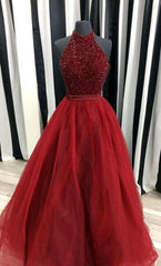 Bridesmaid Dresses Burgundy, Charming Beading Long Red Halter Prom Dresses