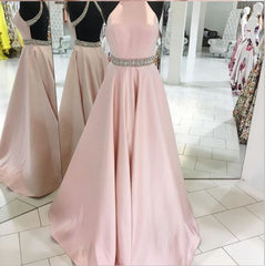 Bridesmaids Dress Pink, Pink Backless Halter Simple Handmade Plus Size Elegant Prom Dresses
