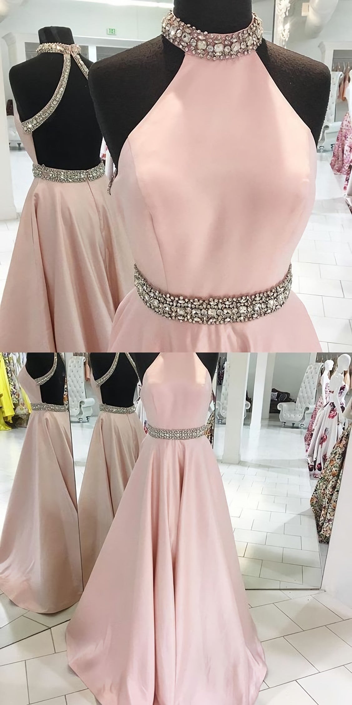 Bridesmaids Dresses Pink, Pink Backless Halter Simple Handmade Plus Size Elegant Prom Dresses