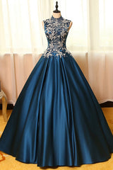 Bridesmaids Dresses Websites, Blue Dreses Satins Lace Applique A Line Long Prom Dresses