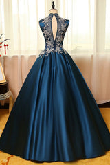 Bridesmaid Dress Websites, Blue Dreses Satins Lace Applique A Line Long Prom Dresses
