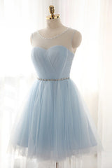 Bridesmaid Dresses Websites, Tulle Short Charming Short Light Blue Cute Prom Dresses