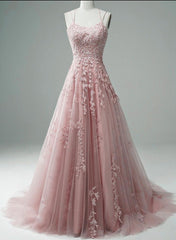 Formal Dress Gowns, Pink Scoop Tulle Straps With Lace Long Prom Dress, Pink A-Line Formal Dress