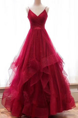 Homecomeing Dresses Red, 2024 A Line Red Sweetheart Tulle Layered Long Prom Dresses