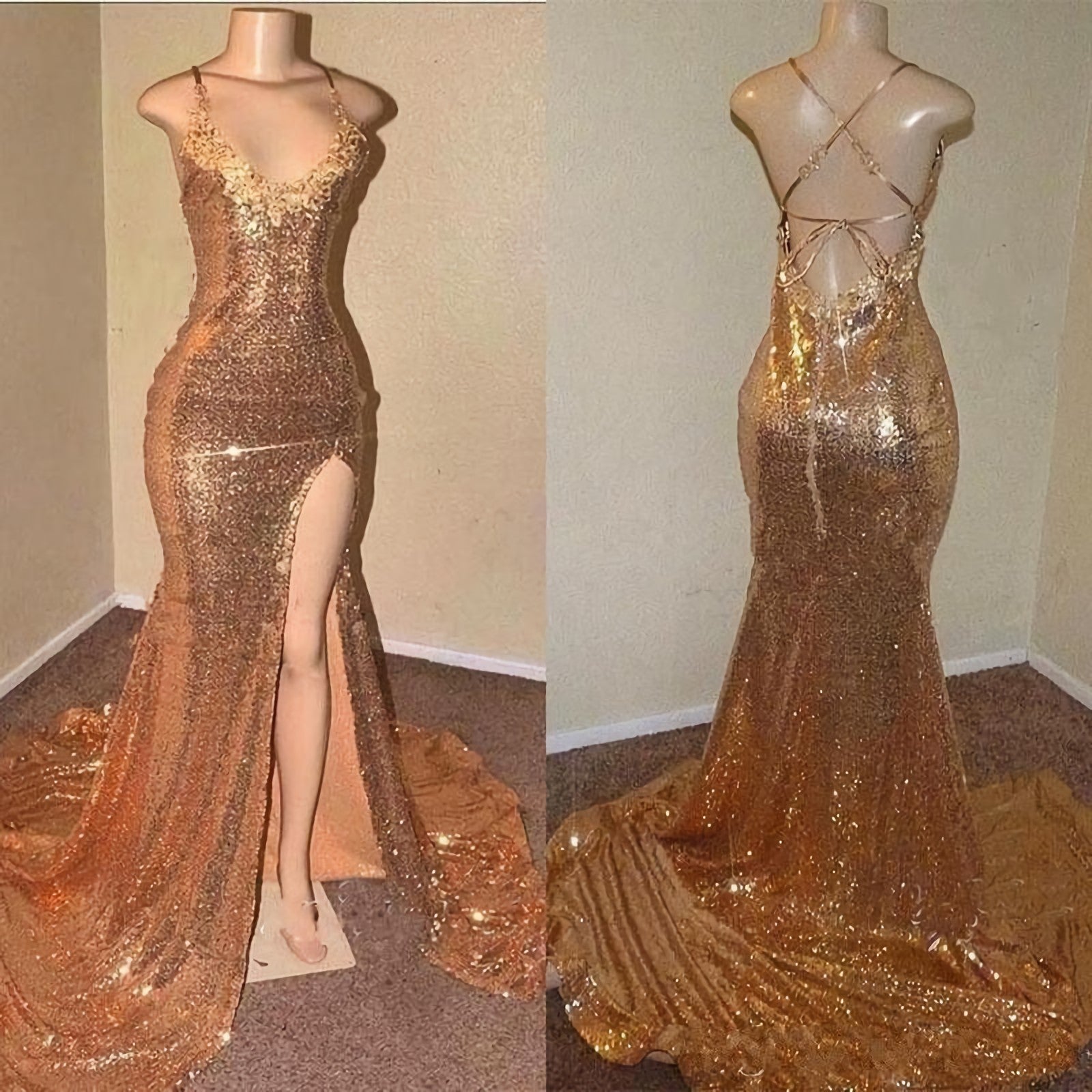 Homecoming Dress Tight, Lace Up Gold Halter Back Side Slit Long Sequence Prom Dresses