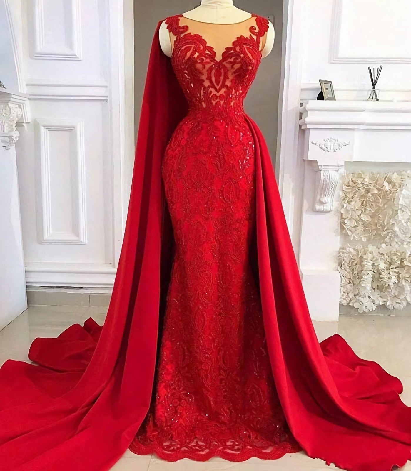Homecoming Dresses Fitted, Tulle Red With Appliques Satin Sheath Long Prom Dresses