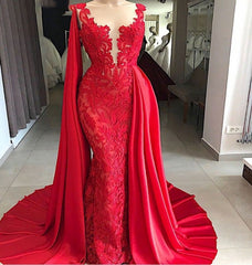 Homecomming Dresses Fitted, Tulle Red With Appliques Satin Sheath Long Prom Dresses