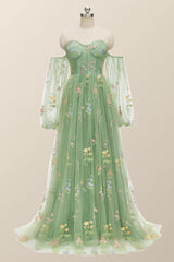 Floral Dress, Puff Long Sleeves Green Floral Corset Long Formal Dress