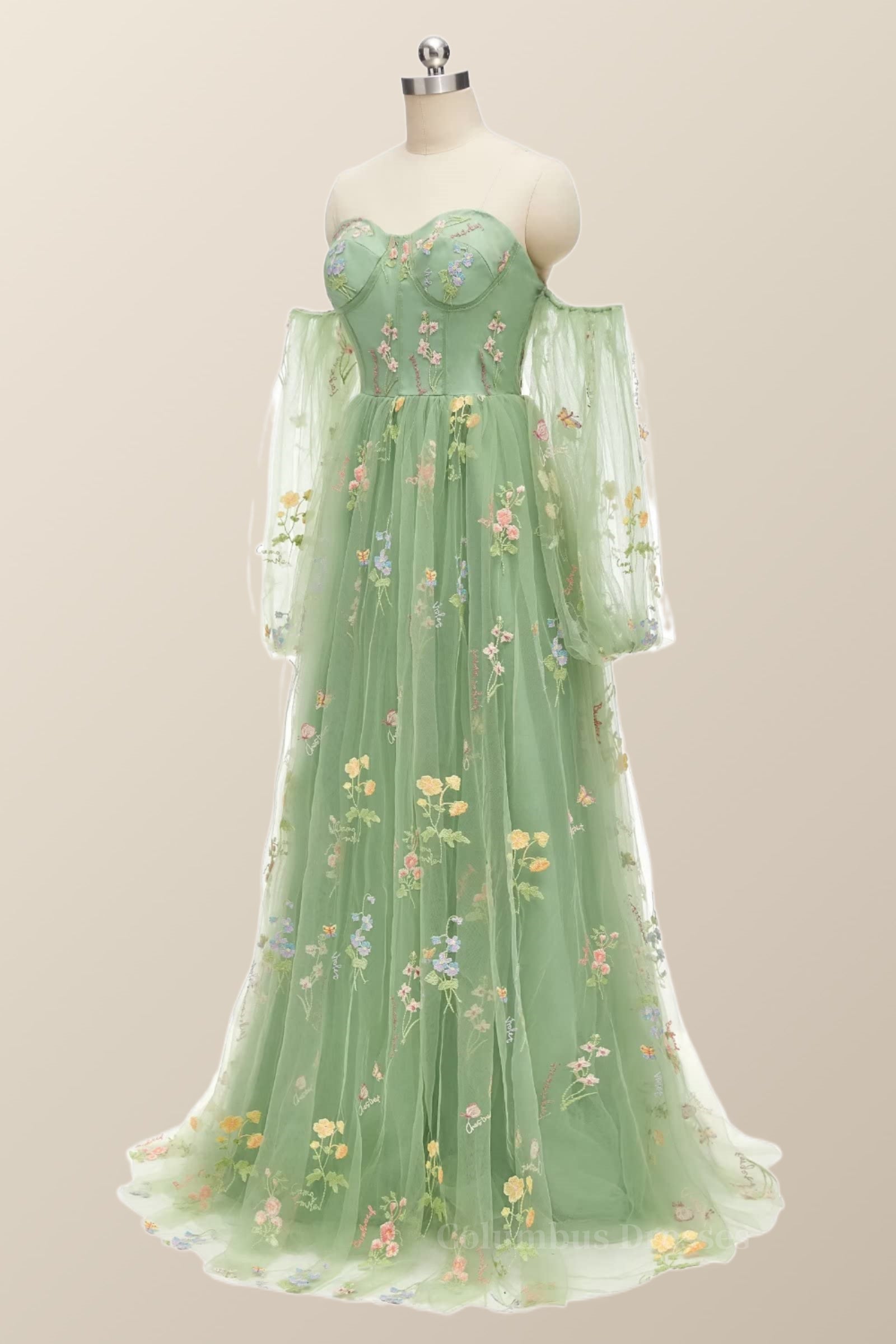 Vintage Prom Dress, Puff Long Sleeves Green Floral Corset Long Formal Dress
