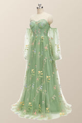 Vintage Prom Dress, Puff Long Sleeves Green Floral Corset Long Formal Dress