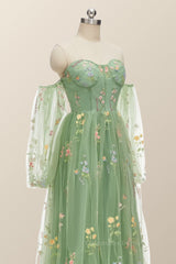 Prom Theme, Puff Long Sleeves Green Floral Corset Long Formal Dress