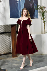 Bridesmaid Dresse Styles, Puff Sleeve Ankle Length Velvet Deep V-Neck Vintage Prom Dresses