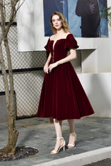 Bridesmaid Dress Stylee, Puff Sleeve Ankle Length Velvet Deep V-Neck Vintage Prom Dresses