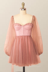 Prom Aesthetic, Puffy Long Sleeves Blush Pink Corset Short Dress