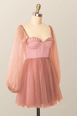 Design Dress Casual, Puffy Long Sleeves Blush Pink Corset Short Dress