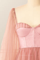 Modest Prom Dress, Puffy Long Sleeves Blush Pink Corset Short Dress
