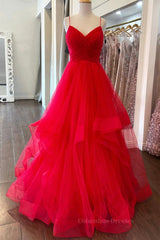 Evening Dresses For Over 73S, Puffy Red Tulle V Neck Long Prom Dresses, V Neck Red Formal Dresses, Red Evening Dresses