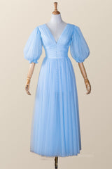 Prom Dress Places, Puffy Sleeves Blue Empire Tea Length Dress