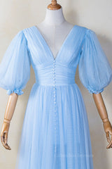 Prom Dress Trends 2061, Puffy Sleeves Blue Empire Tea Length Dress