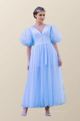 Prom Dresses For Teen, Puffy Sleeves Blue Empire Tea Length Dress