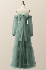 Prom Dress Black, Puffy Sleeves Green Tulle A-line Long Formal Dress