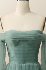 Open Back Prom Dress, Puffy Sleeves Green Tulle A-line Long Formal Dress