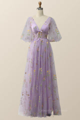 Homecoming Dresses Lace, Puffy Sleeves Lavender Tulle Floral Embroidery Formal Dress