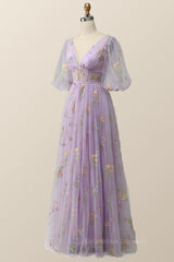 Homecoming Dress Lace, Puffy Sleeves Lavender Tulle Floral Embroidery Formal Dress