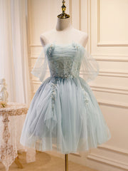 Prom Dresses For Girls, Puffy Tulle Off Shoulder Green Short Prom Dress, Green Homecoming Dresses