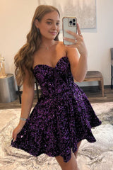 Purple A-Line Sweetheart Sequins Short Homecoming Dress with Pockets